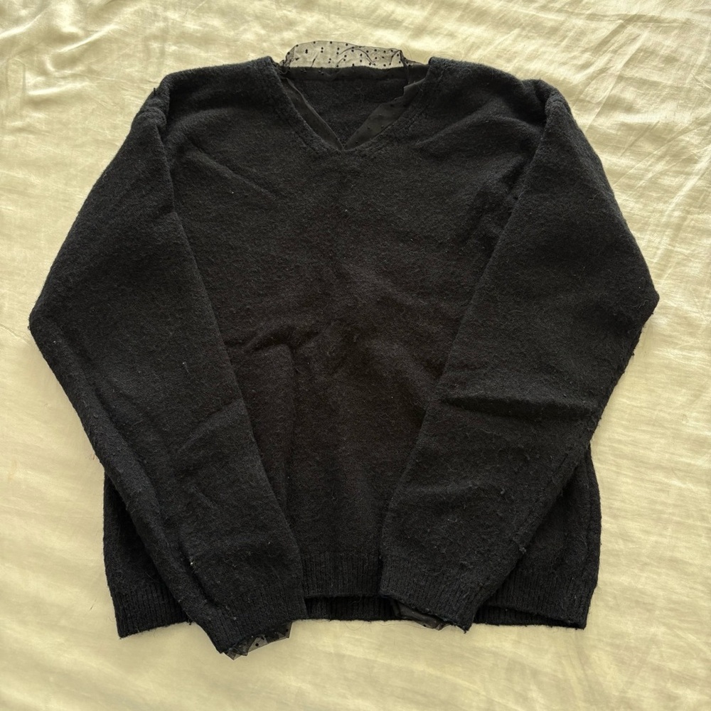 YesStyle Women's Black V-Neck Sweater with Sheer Trim
